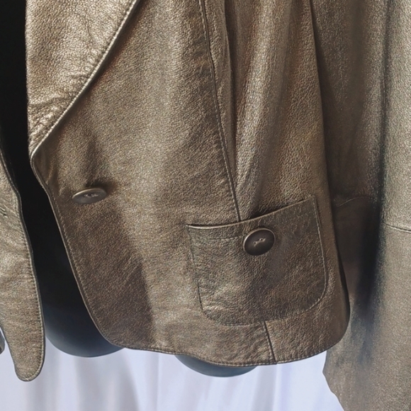 Spiegel Vintage Metallic Gold Soft Leather Women’s One Button Blazer Jacket - Picture 3 of 6